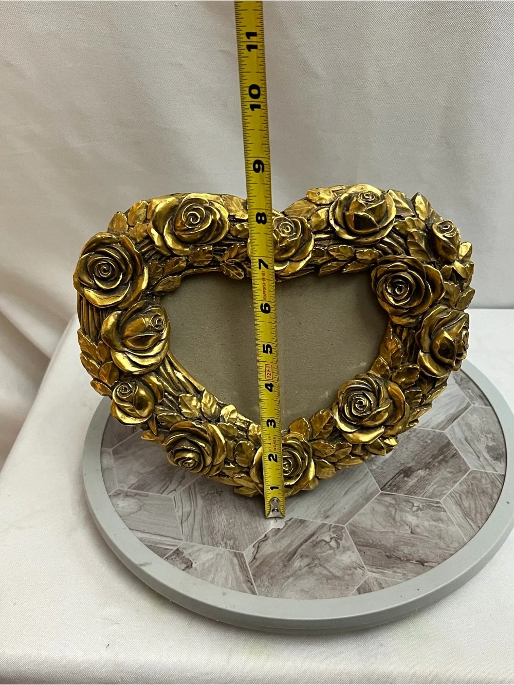 Gold Rose Heart Shaped Picture Frame Ornate Floral Romantic Tabletop Decor